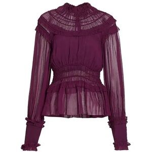 FARM Rio Ruffled Sheer High-Neck Blouse - Deep Plum